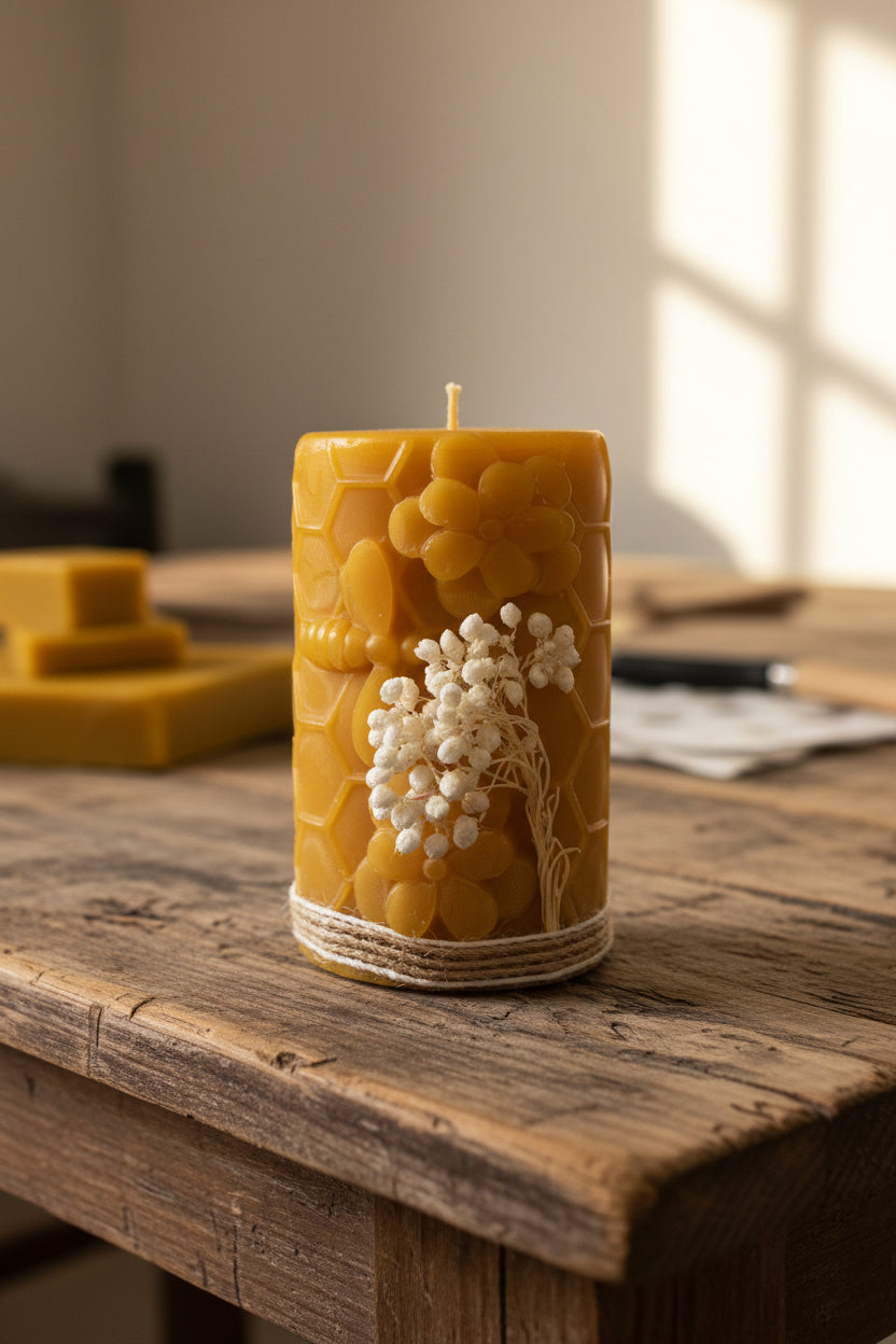 Grande bougie en cire d'abeille avec motif fleur et fleurs séchées