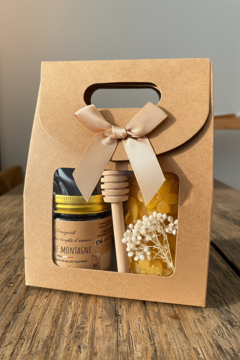 Coffret cadeau artisanal avec pot de miel et bâtonnet