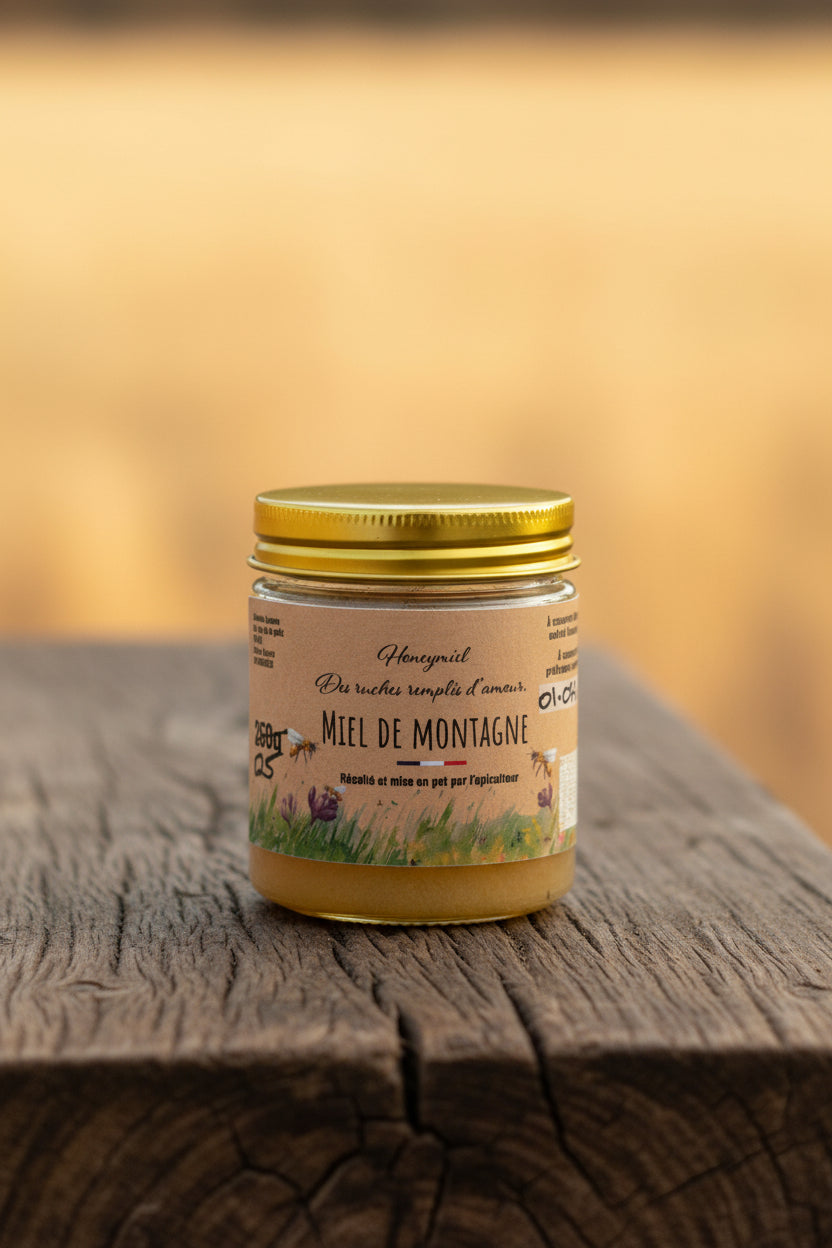 Coffret cadeau Honeymiel — pot de miel de montagne 125g avec sac en papier à fenêtre